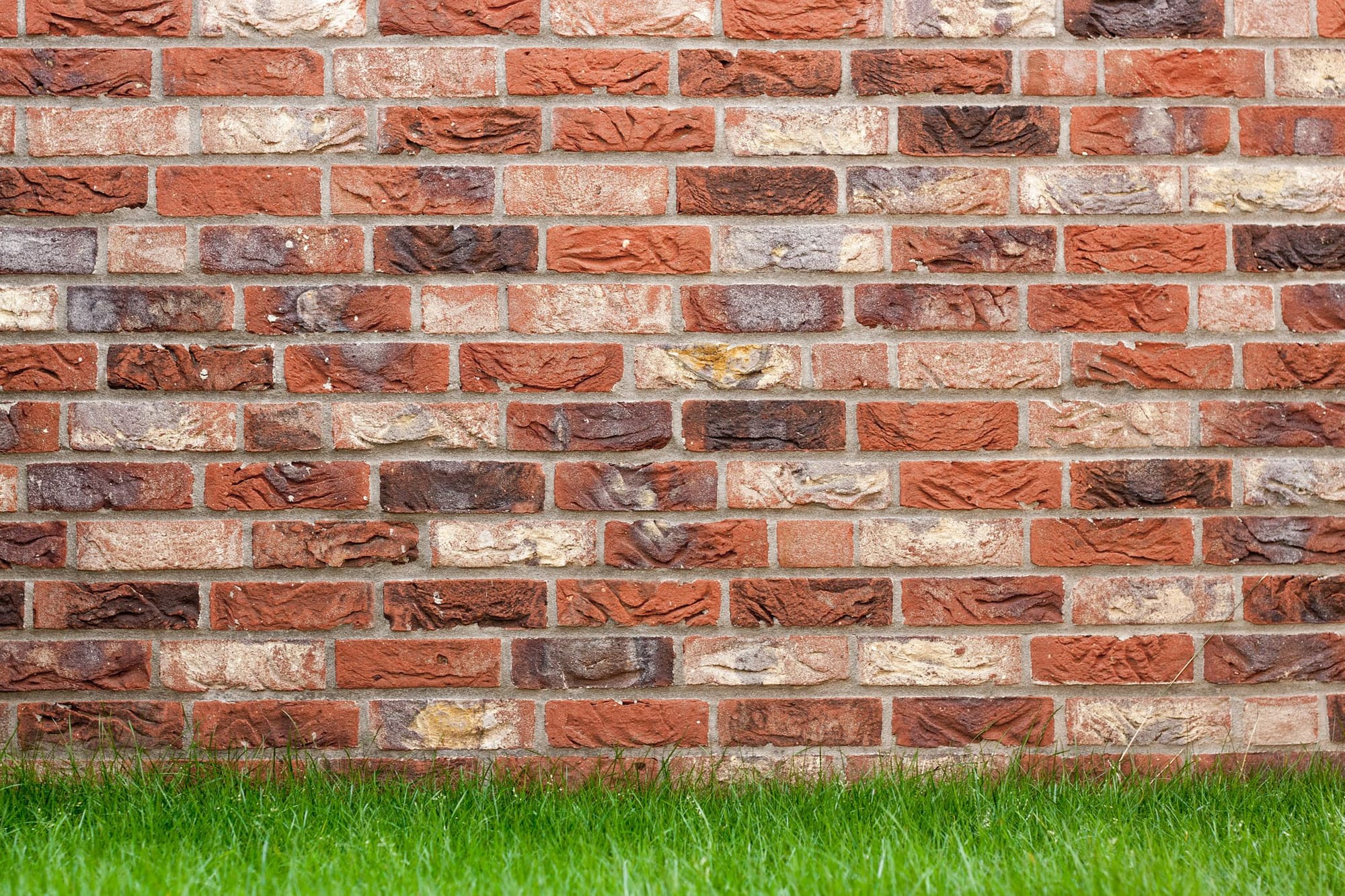 Brick wall with varied red and cream colored bricks and green grass at base